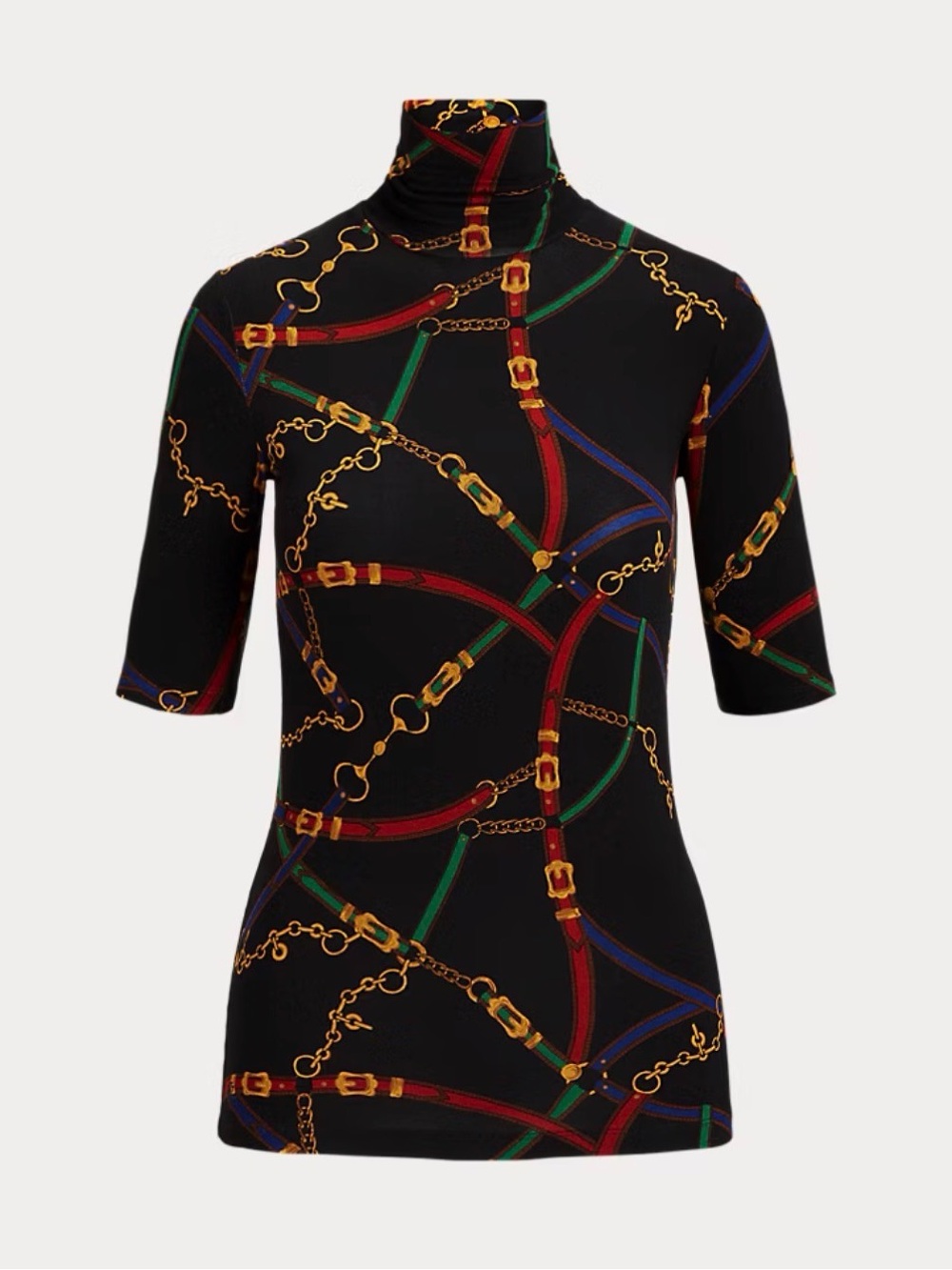 Ralph Lauren Black Short-Sleeve Chain & Strap Print Turtleneck